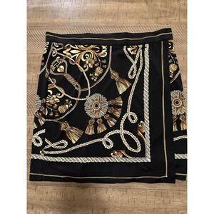 Vintage CACHÉ Scarf Print Mini Skirt - Gold Baroque & Tassel Design - Size 8